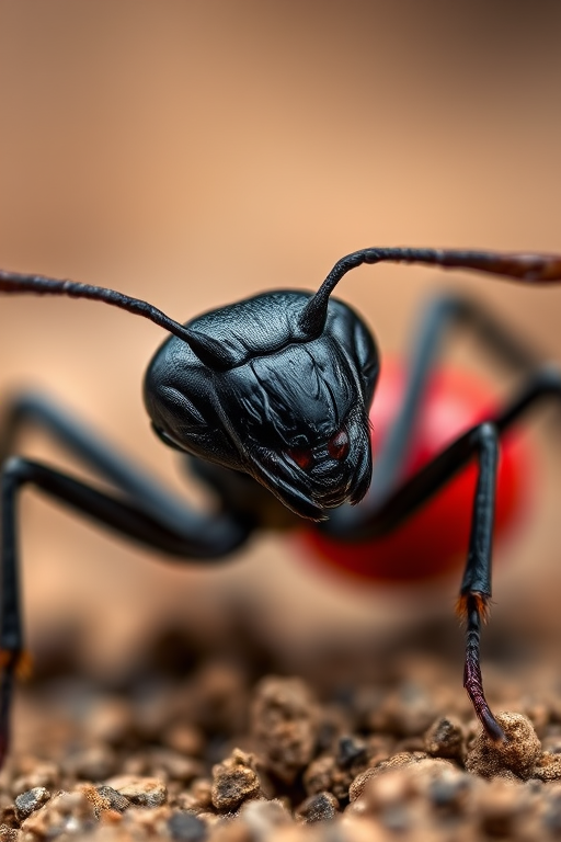 Create a highly detailed close-up image of a black ant with a red abdomen, using a macro lens at f/2.8 aperture, ISO 100, shutter speed 1/250s, capturing the ant's intricate textures and shadows against a soft-focused background for depth.