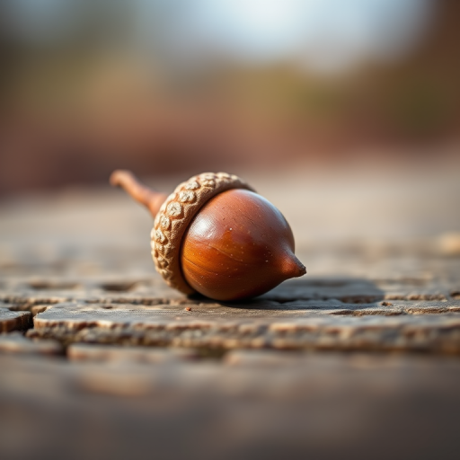 macro photograph of an acorn on a wooden surface, shallow depth of field, natural light, f/2.8, 100mm lens, ISO 200, taken with a DSLR camera, focus on the acorn with a blurred background for enhanced detail and softness