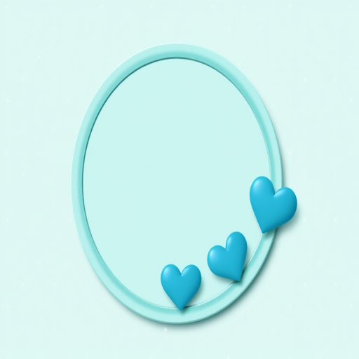 Create a vector-style image of a round teal frame with a blank center, surrounded by three blue hearts of varying sizes against a mint green background with subtle polka dots; camera type: digital, camera style: illustration, camera view: flat lay, settings: high resolution, f/8, ISO 100, 1/125 sec.