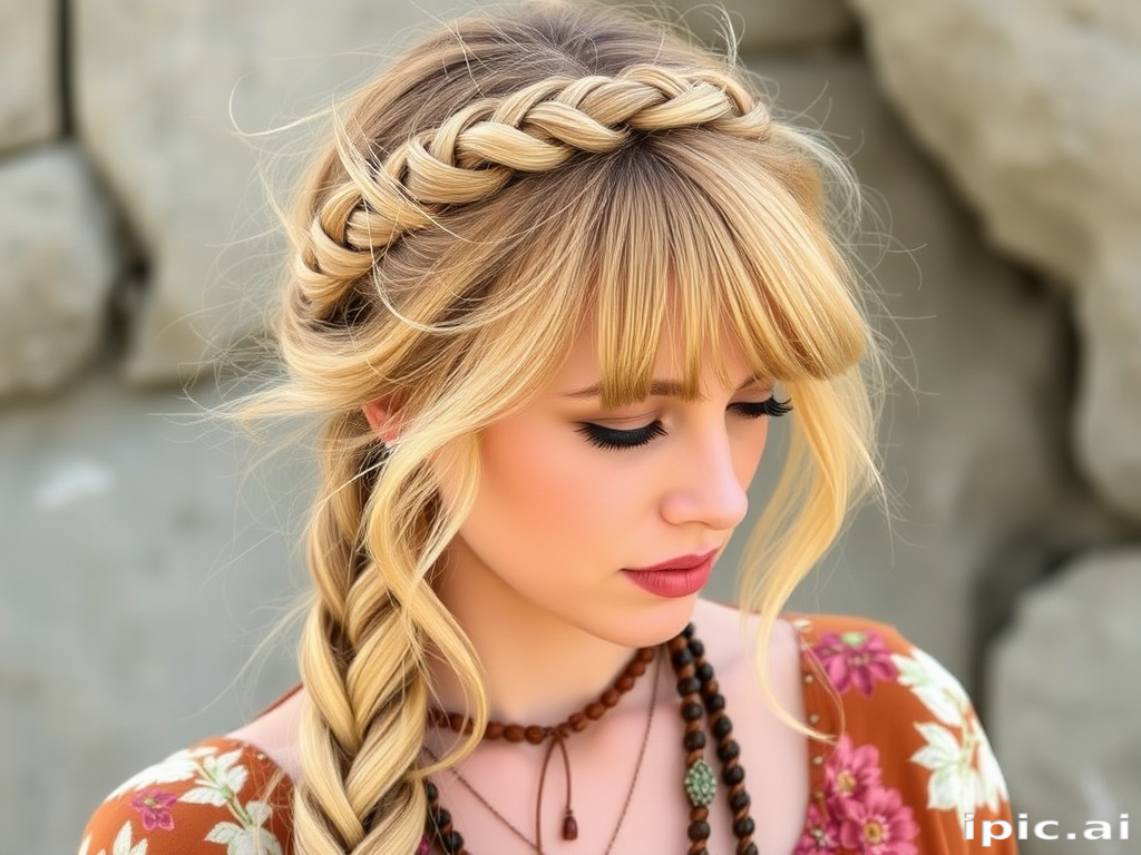 Honey blonde crown braid with wispy bangs and bohemian accessories, named "Sun-Kissed Meadow," boasting a ethereal, nature-inspired look with floral accents