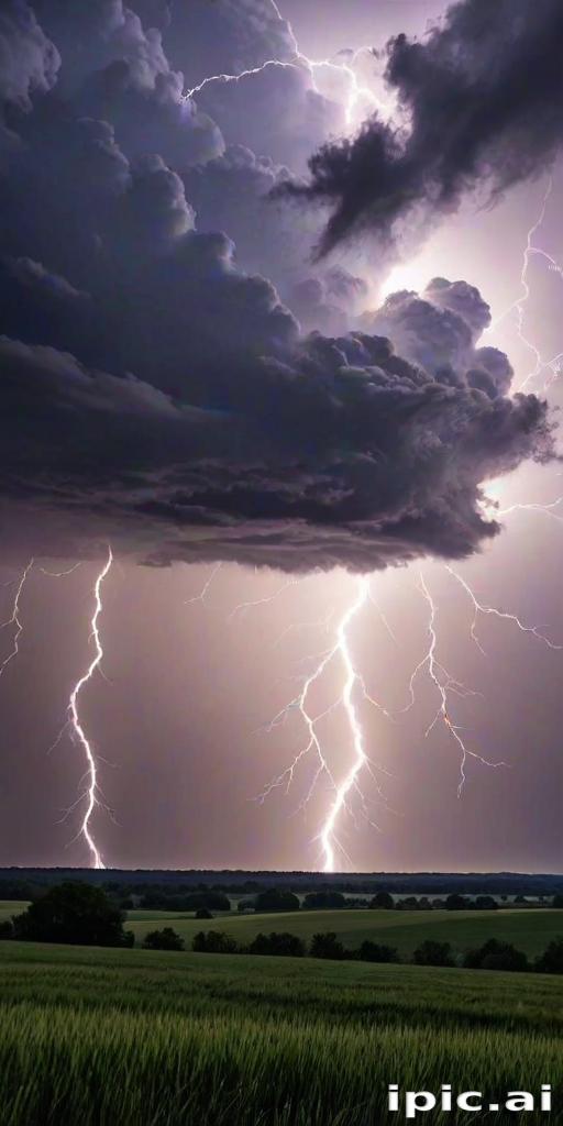 Majestic Lightning Strikes Illuminate the Dark Stormy Sky Over Fields