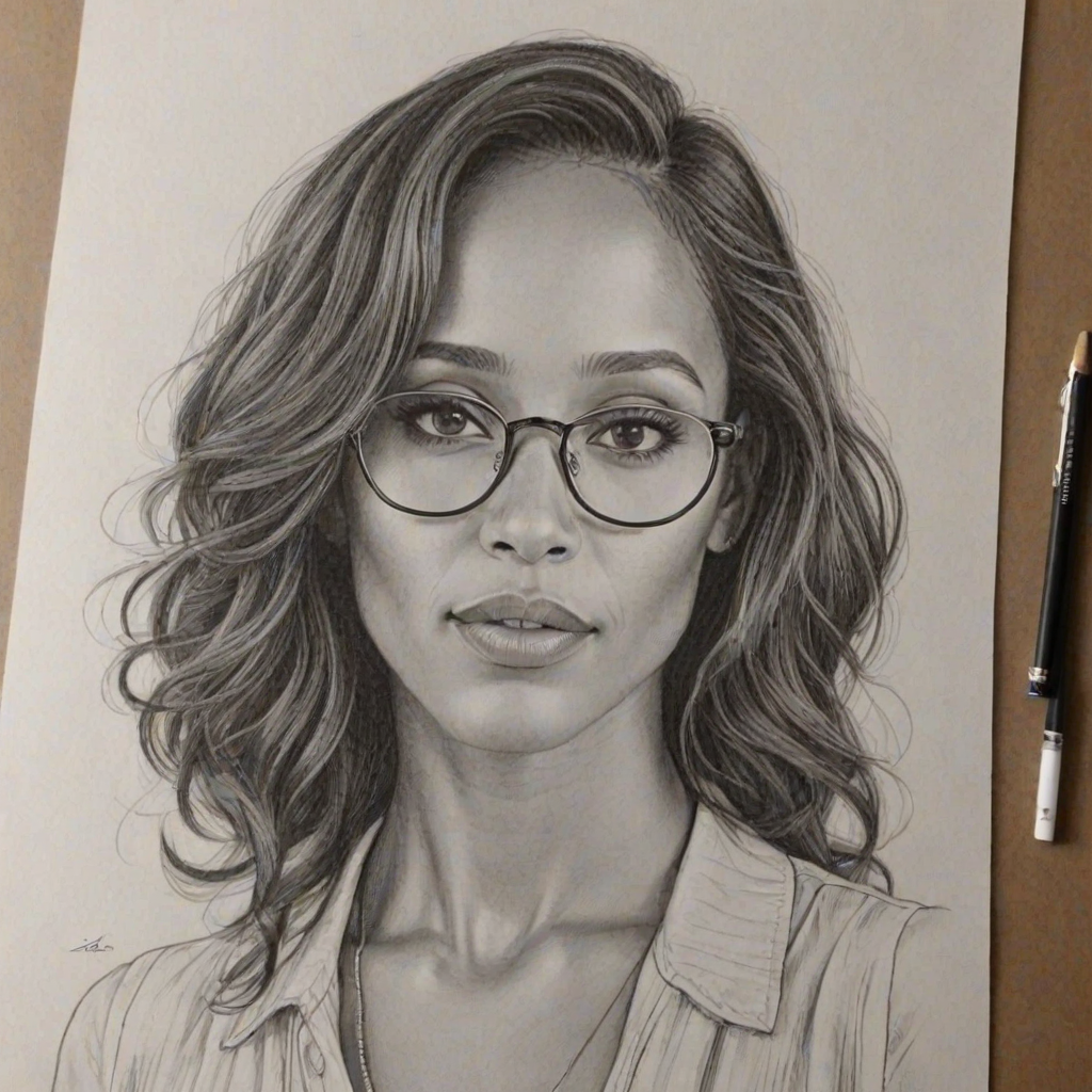Stunning Dania Ramirez, pencil sketch, portrait of Fetching woman 1928s in glasses, hair style beatnik, outline, clear lines, fine lines, 8k