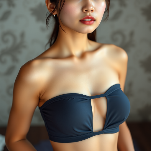 Enticing young photo of Japanese woman with light tanned skin, a small nose, and soft pink lips. She has perfect body and wears a strapless Charcoal bikini. She has a big female bosom with push-up.