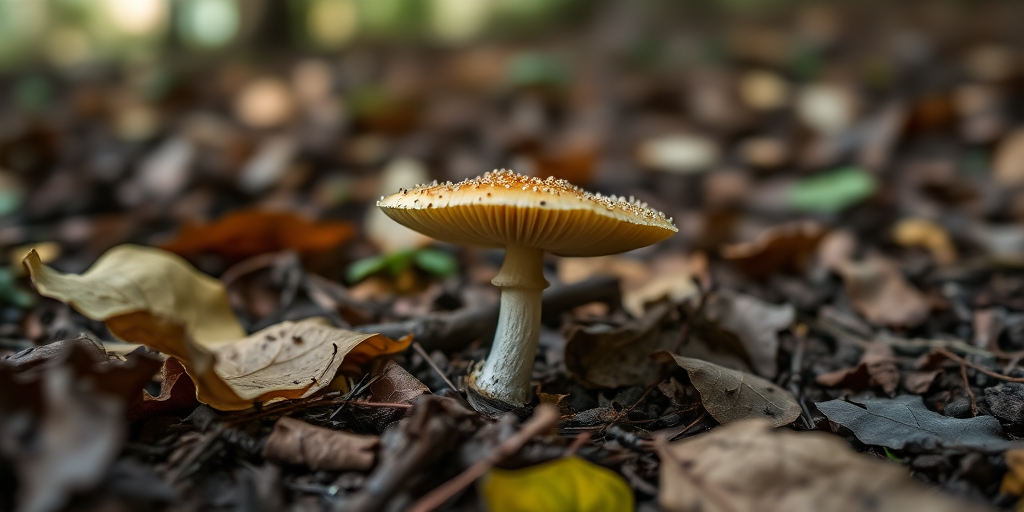 mushroom growing in forest floor surrounded by leaves and soil, close-up focus, natural lighting, macro lens, f/2.8 aperture, 1/250 sec shutter speed, ISO 100, DSLR camera, shallow depth of field