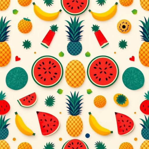Create a vibrant and playful pattern featuring abstract fruits like watermelons, pineapples, and bananas on a light background, using a high-resolution digital illustration style, shot with a Canon EOS R5 at f/8, 1/200s, ISO 100, with a top-down view to capture the full pattern detail.