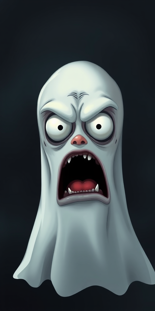 Create a high-resolution digital illustration of a shocked ghost face with exaggerated features, using a Canon EOS 5D Mark IV with a 50mm f/1.8 lens, set at ISO 100, aperture f/2.8, and a soft focus background to enhance the character's expression.