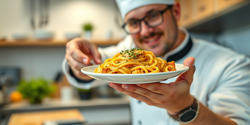 A chef presenting a gourmet pasta dish in a modern kitchen; close-up shot; f/2.8 aperture, 50mm lens, ISO 200, natural light, shallow depth of field, DSLR camera.