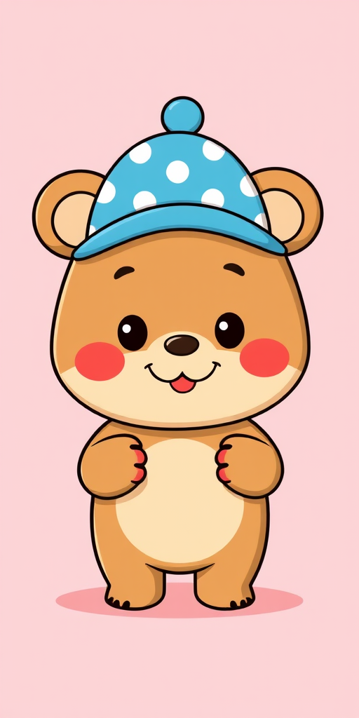 Generate a cartoon character illustration of a cute bear-like creature with blue polka dot cap and red hands, centered on a soft pink background, using a DSLR camera with a 50mm lens, f/1.8 aperture, ISO 200, natural lighting, in portrait orientation to enhance image quality.