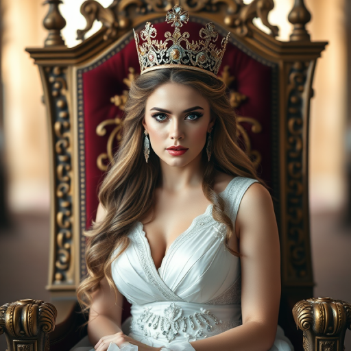 regenerate a portrait of a beautiful queen sitting on a throne, wearing a stunning white gown and a crown, with long flowing hair, soft lighting, shallow depth of field, 50mm lens, f/1.8 aperture, gentle focus on the face, soft bokeh background, high-resolution detailed rendering