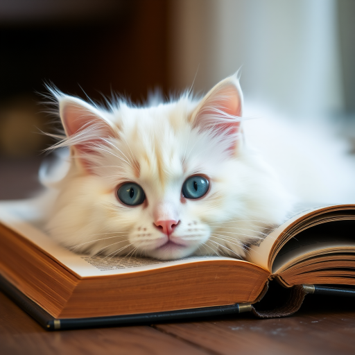 A fluffy white cat with striking blue eyes resting on an open book with blurred background details, showcasing its adorable features and soft fur.