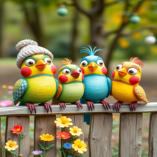 create a scene of 4 quirky  whimsical colourful comical birds each with a funny expression. they are sat on a wooden fence with colourful flowers. they are all different sizes. each one is a different colour  one is wearing a woolly hat. Each one has a different quirky google expression and there is a muted background of trees watercolour paintierly style high definition 8k resolution 3D paper mache