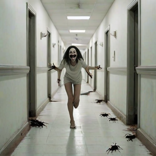 a crooked female with long arms and a creepy smile is crawling along a long white corridor and you can also see cockroaches in it there is a creepy atmosphere creepy art style
