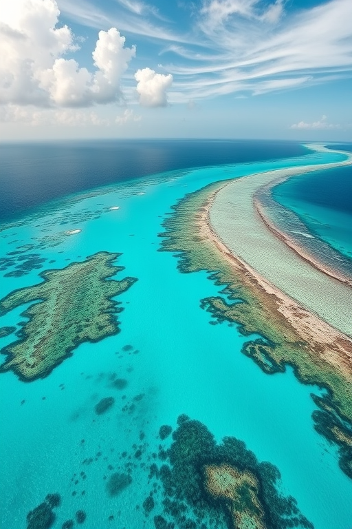 Aerial view of a vibrant coral reef with crystal clear turquoise waters and a curving shoreline under a partly cloudy sky, shot with a DSLR camera at 24mm, f/8, ISO 100, and 1/250s shutter speed.
