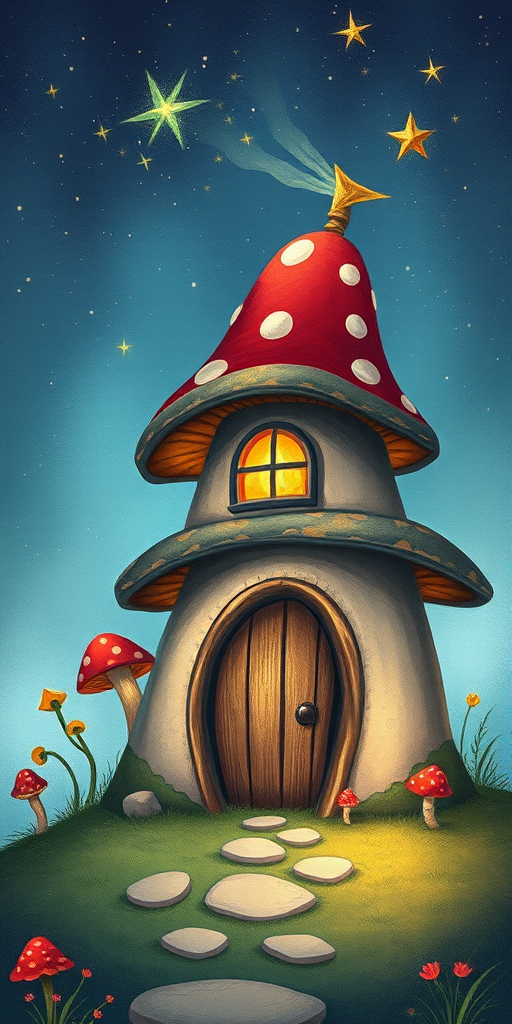 this photo is illustration of a mushroom house with a door and a window, a storybook , fantasy art, mushroom house, bg starry sky, sparkles
