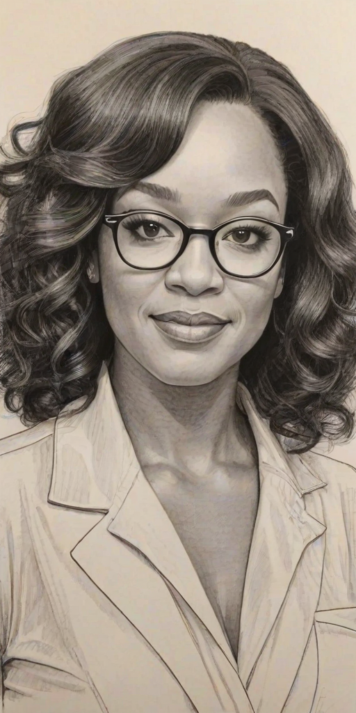 Appealing Shonda Rhimes, pencil sketch, portrait of Attractive woman 1975s in glasses, hair style beatnik, outline, clear lines, fine lines, 8k