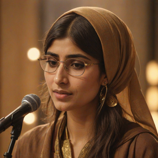 A close-up portrait of a mia khalifa with her eyes closed, singing into a microphone, positioned on the right side of the frame, facing the viewer. She is wearing a brown headscarf, gold earrings, and a brown blouse, and is bathed in warm, golden light emanating from the windows behind her. A blurred figure of a man singing into a microphone is visible in the background. The scene has a sense of calm and spirituality.