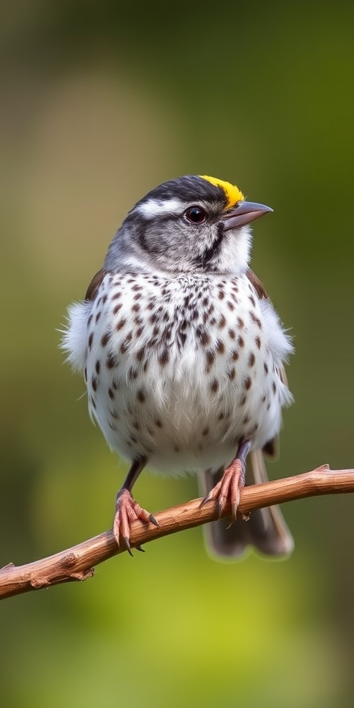 A close-up of a white-throated sparrow perched on a branch with a blurred natural background, showcasing its distinctive yellow and black head markings and brown speckled feathers.