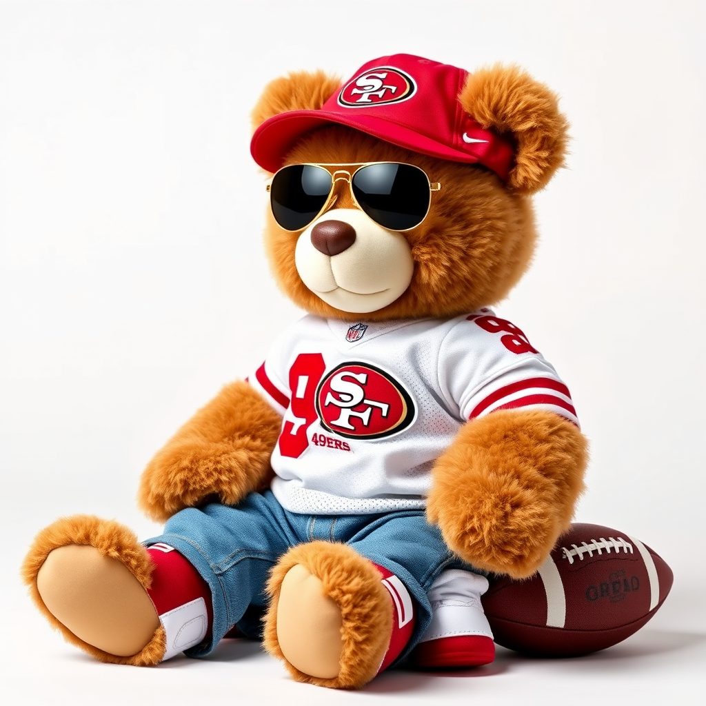 A cute and fluffy teddy bear dressed in a San Francisco 49ers-themed outfit, wearing a red cap with the 49ers logo, aviator sunglasses, and a white football jersey with red accents. The bear is also wearing casual jeans and red and white sneakers, while sitting in a relaxed pose with a football beside it. The teddy bear has a cool, laid-back attitude, with a sporty vibe. The background is clean and minimal, highlighting the bear as the main focus.