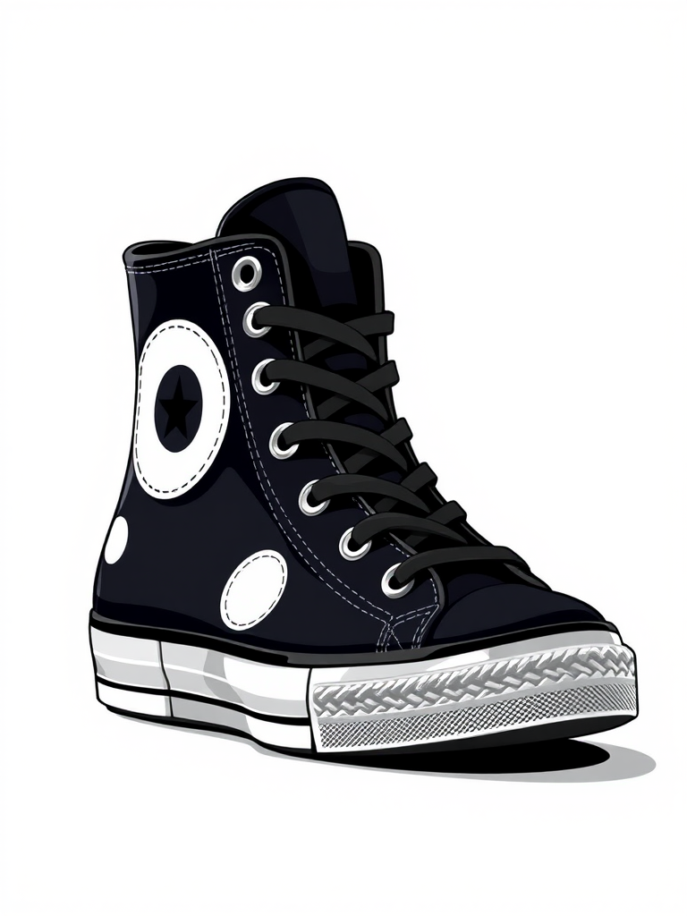 Generate a high-resolution illustration of a black high-top sneaker with white circular designs, using a DSLR camera with a 50mm lens at f/1.8 aperture, ISO 100, and a soft focus background to enhance the shoe's details.