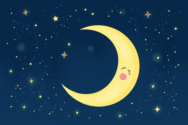 Cute smiling moon in a starry night sky soft pastel colors whimsical design