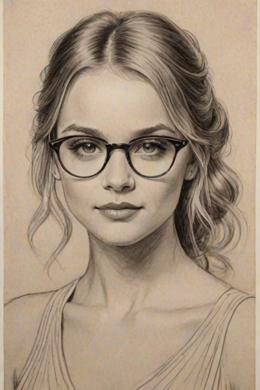 Enchanting Madison Iseman, pencil sketch, portrait of Graceful woman 1921s in glasses, hair style beatnik, outline, clear lines, fine lines, 8k