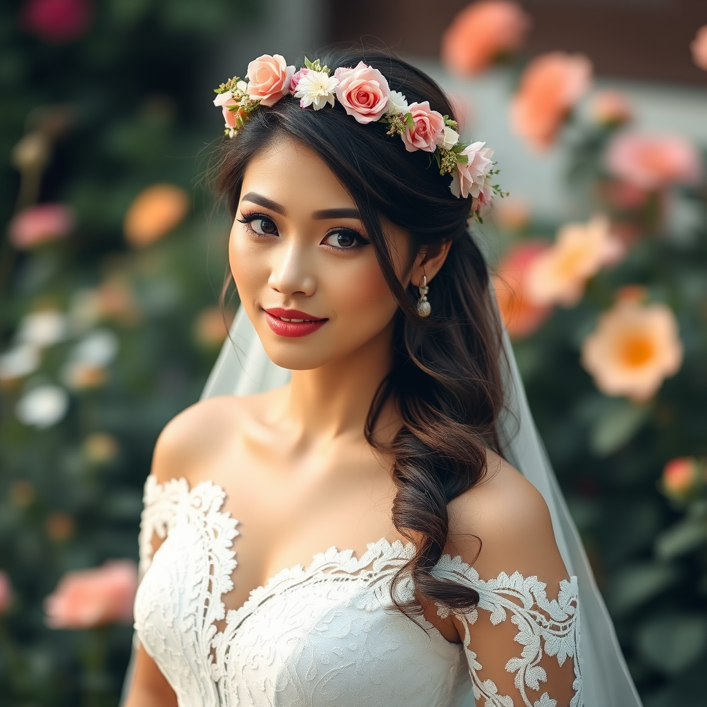 garden scene, Filipina bridal model, delicate lace gown, floral headpiece, soft romantic focus, high-key lighting and an 85mm lens for soft, even tones that highlight the model’s face and bright outfit against a white or light background