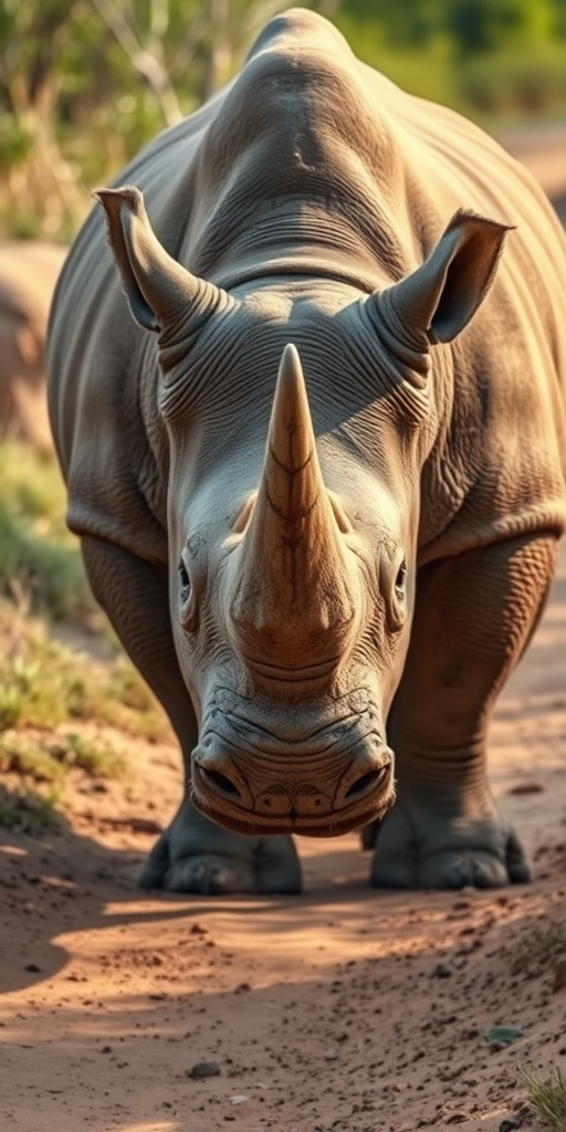 Capture a close-up of a rhinoceros standing on a dirt path in a natural environment, use a Canon EOS 5D Mark IV, 50mm lens, aperture f/4, ISO 200, 1/250s, natural lighting with soft shadows.