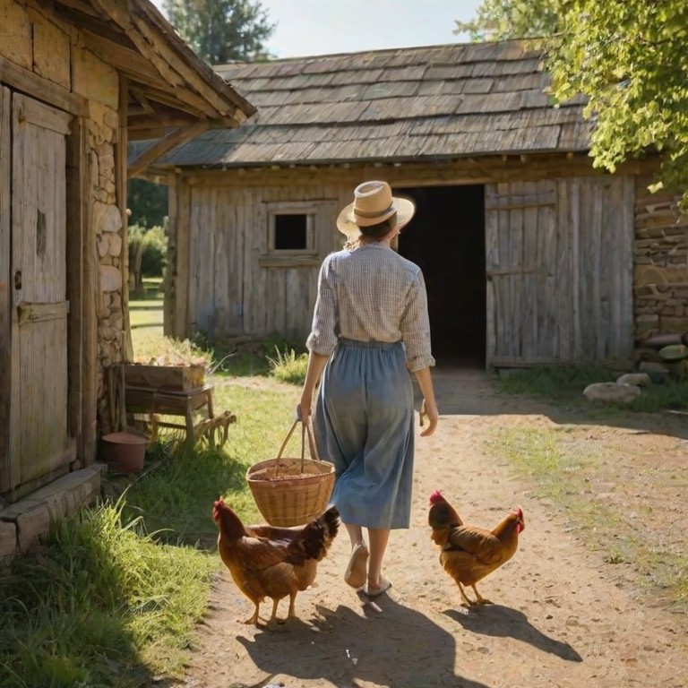 Charming rural farmyard, chickens pecking at the ground, a woman carries a basket of fresh eggs, her straw hat shielding her from the sun as she makes her way toward a barn.