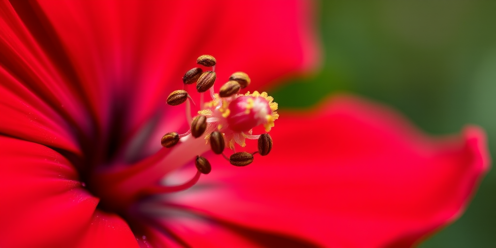 macro close-up of a vibrant red flower with detailed pollen structure, shallow depth of field, ISO 100, f/2.8 aperture, 100mm lens, natural light, DSLR camera