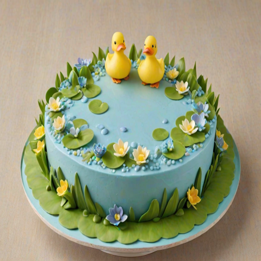 Create an image of a round cake with a light blue frosting. The cake features playful decorations including two cute duck figurines, one standing upright and the other upside down. Surround the ducks with green lily pads and small colorful flowers to enhance the whimsical theme. The bottom of the cake should have a decorative border with pastel colors.