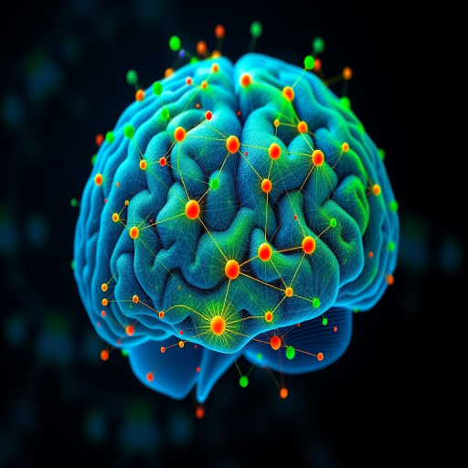 Generate a high-resolution digital illustration of an abstract brain with interconnected nodes in various colors like blue, green, orange, and dark blue, 35mm lens, f/4 aperture, ISO 100, top-down view, using a digital camera.