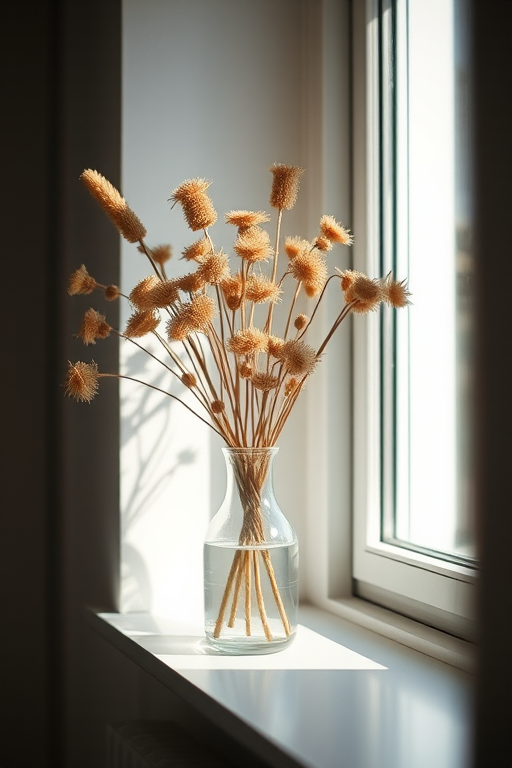 Capture a bright interior scene featuring a vase of dried flowers on a windowsill framed by light, with a shallow depth of field, f/2.8 aperture, ISO 100, 50mm lens, natural light, using a DSLR camera.