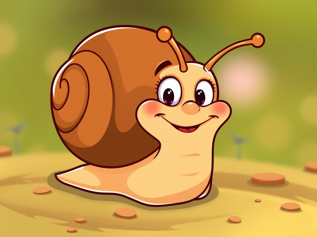 Create a cartoon illustration of a smiling snail with a brown shell and a beige body, in a vibrant color palette, captured in a close-up view using a professional DSLR camera with a 50mm lens at f/2.8, ISO 100, and 1/200 sec for optimal clarity and detail.