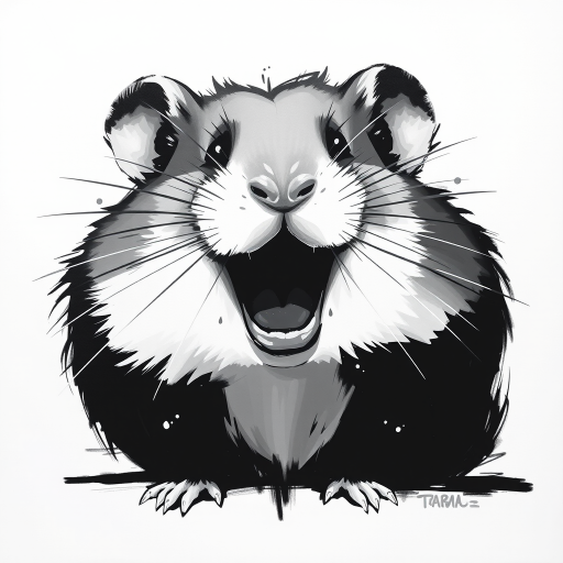 Abstract black and white acrylic portrait of an over exaggerated laughing (hamster). Minimalism style. White background.