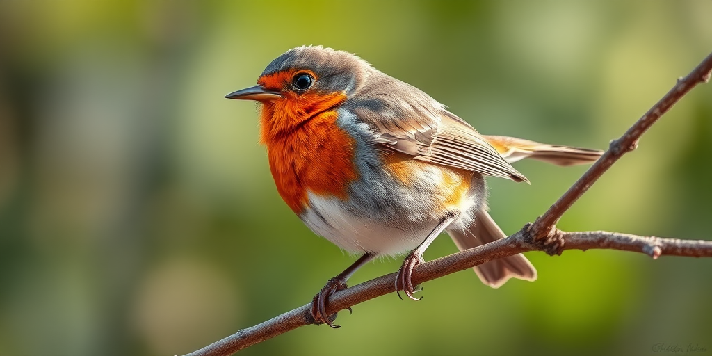 Create a detailed illustration of a robin perched on a branch, using a 50mm lens at f/4 aperture, shot from a low angle in natural light, focusing on vibrant colors and fine feather details.