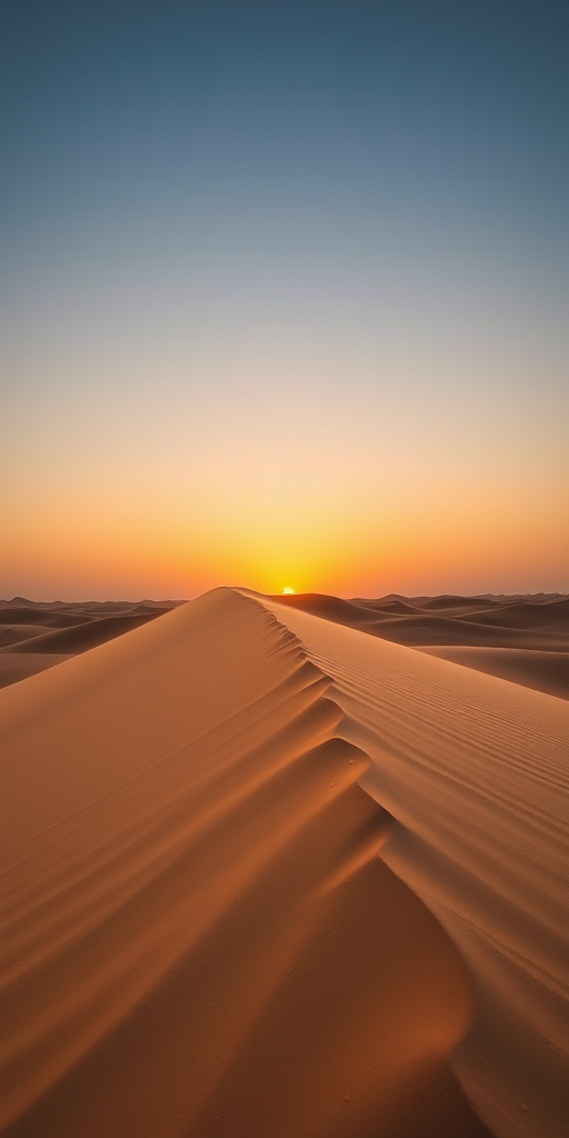 Desert sand dune at sunset, captured with a DSLR camera, 50mm lens, f/8 aperture, ISO 100, 1/200 sec shutter speed, shallow depth of field, soft lighting, wide view perspective, high dynamic range for enhanced texture.