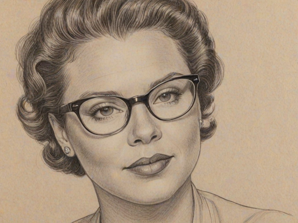 Resplendent Leslie Jones, pencil sketch, portrait of Graceful woman 1952s in glasses, hair style beatnik, outline, clear lines, fine lines, 8k