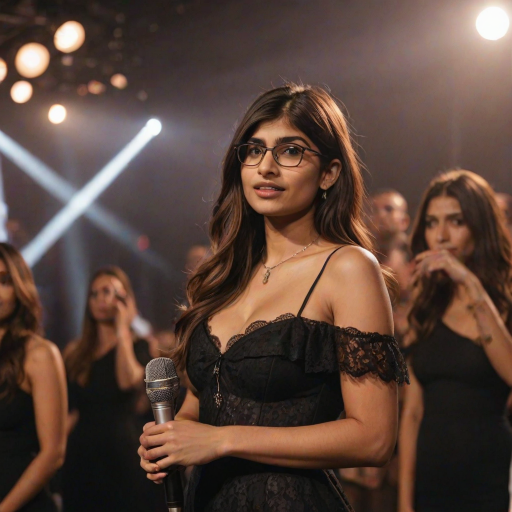 mia khalifa with long, flowing brown hair is standing in the center of the frame, holding a microphone in her right hand, and looking slightly off to the right side of the frame. She is wearing a black, off-the-shoulder dress with delicate lace detailing. The lighting is warm and dramatic, creating a spotlight effect on the singer. There are other figures in the background, blurred and out of focus, suggesting a concert or performance setting. The camera angle is low, capturing the woman from the waist up. The overall atmosphere is intimate and captivating.