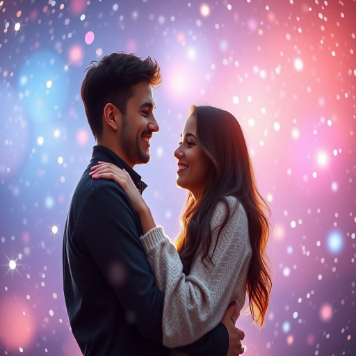 Create a portrait of a couple embracing in a cosmic background filled with stars and ethereal light, shot with a DSLR camera at f/1.8, ISO 100, 50mm lens, with soft focus and vibrant color contrast to enhance the ethereal atmosphere.
