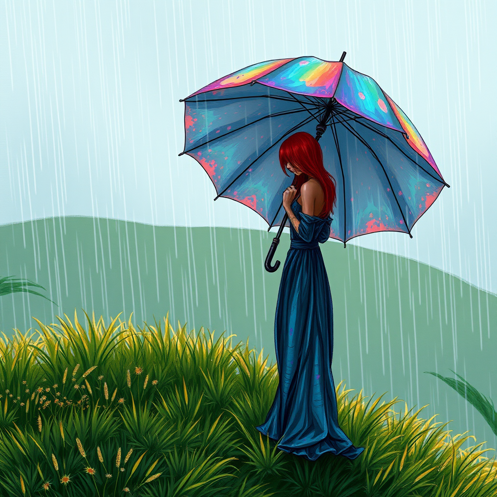 A surreal hand-drawn digital artwork depicting a mysterious red-haired woman standing on a grassy hill under the rain. She holds an umbrella crafted from iridescent zircon, its vibrant sheen contrasting with the soft, rainy atmosphere. The scene feels dreamlike, blending the natural elements of the hill and rain with the otherworldly shimmer of the umbrella.