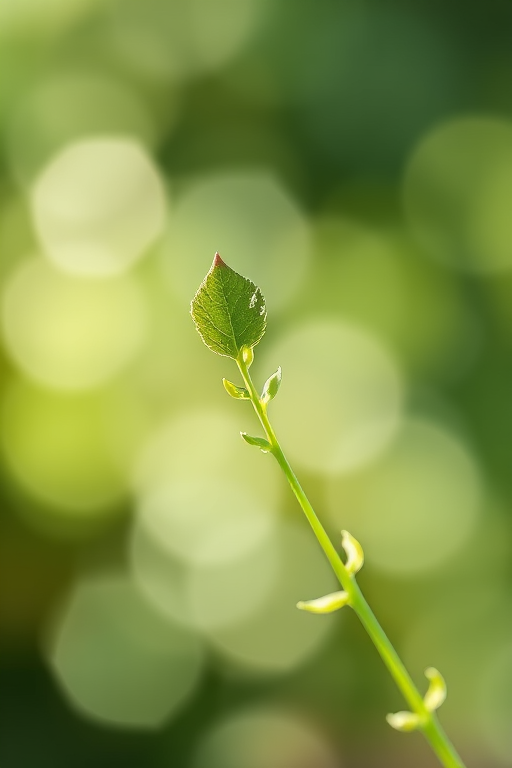 regenerate a delicate watercolor illustration of a green leafy stem, using a Canon EOS R5, f/2.8 aperture, 50mm lens, in natural light with a shallow depth of field to enhance color vibrancy and detail, capturing a soft and artistic view.