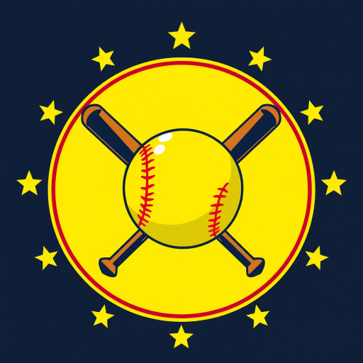 Create a vibrant logo featuring a yellow softball centered within a circular design, crossed baseball bats in the background, surrounded by stars, use a DSLR camera with a 50mm lens, aperture set to f/2.8, ISO 100, and natural lighting for enhanced clarity and detail.