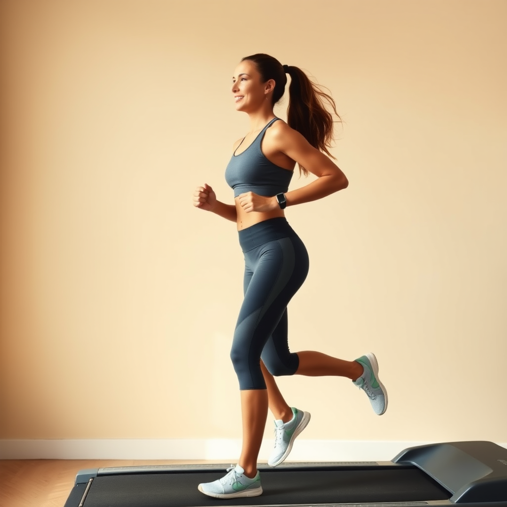 A fit woman jogging on a treadmill in a minimalist style with a light beige background, captured with a Canon EOS R5, 50mm lens, f/2.8, ISO 100, in portrait view, using a soft focus and bright lighting for enhanced clarity.