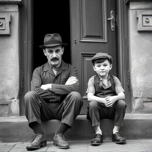 A black-and-white photograph of a man and a child sitting on steps in front of a doorway. The man is dressed as a tramp with a bowler hat, mustache, and ragged clothes, reminiscent of Charlie Chaplin's iconic look. He is sitting with his arms crossed and an expression of slight sadness or frustration. Next to him is a young boy, also in worn clothes and a cap, sitting with his hands clasped, looking thoughtful. The background is an old, textured wall and a partially open door, creating a vintage, early 20th-century atmosphere.
