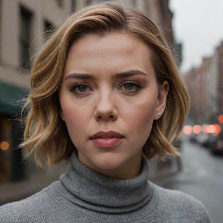Scarlett Johansson is depicted in a close-up portrait outdoors on an overcast day, wearing a grey turtleneck sweater that contrasts beautifully with the soft, diffused light. The background shows a city street, blurred just enough to keep the focus on her while adding depth and context. Her expression is relaxed, with a thoughtful gaze as she looks slightly off-camera. The cool tones and subtle lighting create a moody yet elegant vibe