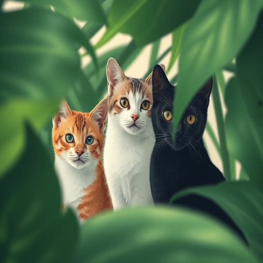 generate an abstract illustration of cats partially obscured by large green tropical leaves with a minimalist design, using a Canon EOS R5 with a 50mm lens, aperture f/2.8, shutter speed 1/125s, ISO 200, natural lighting, and a depth of field effect to enhance the visual appeal