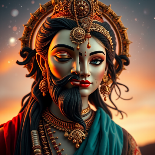 Regenerate an image of a half male and half female deity representation, showcasing intricate details in the clothing and jewelry, with a celestial background; use a DSLR camera, 50mm lens, f/1.8 aperture, ISO 100, sunset lighting, shot from a slightly low angle to emphasize the deity's features and enhance color vibrancy.