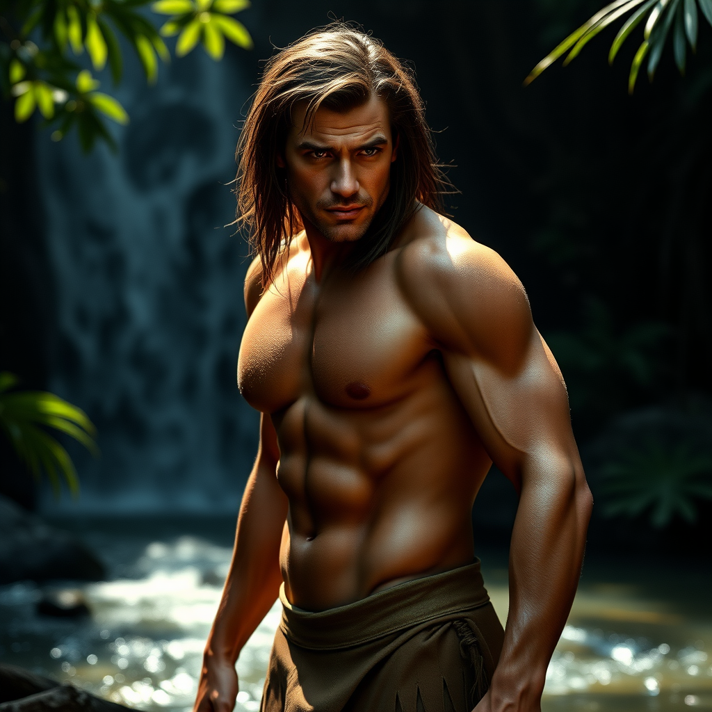 ultra-realistic and very detailed image, high resolution and definition of Tarzan. he is looking towards the camera, in a majestic pose. haughty air. Elegant, toned body. he's standing by a stream in the jungle. the sunlight filtered through the trees falls on Tarzan's body. the background is a dark, out-of-focus image of a waterfall. Create contrasts of light and shadows and textures for realism