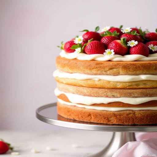 Three-layer cake with cream frosting topped with fresh strawberries and small white flowers on a metallic cake stand with a blurred pastel background.