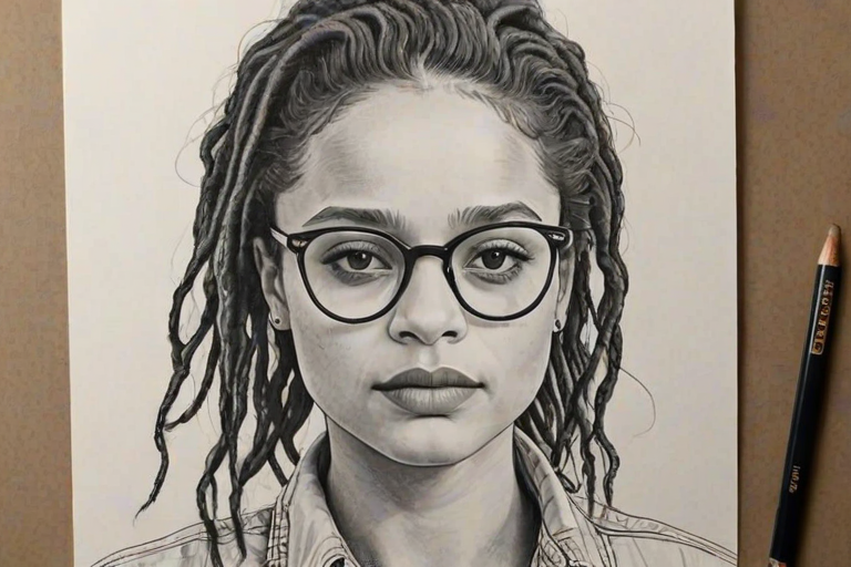 Attractive Sasha Lane, pencil sketch, portrait of Wonderful woman 1969s in glasses, hair style beatnik, outline, clear lines, fine lines, 8k